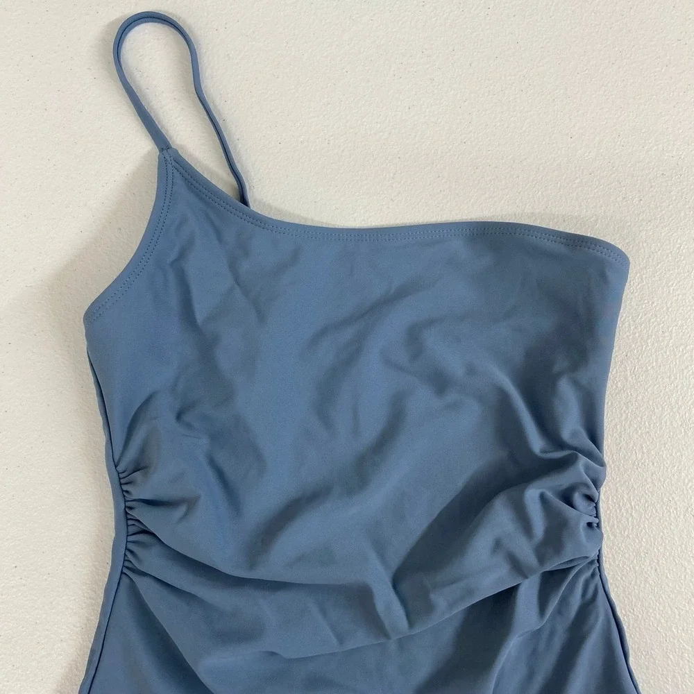 SHEIN girl's blue one shoulder ruched stretch one piece swim bathing suit modest